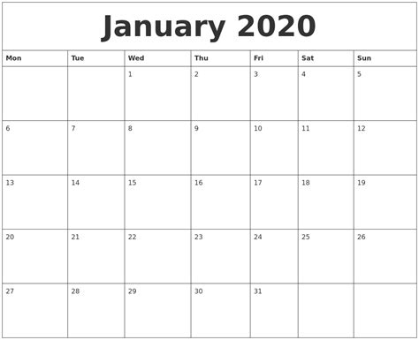 January 2020 Blank Calendar Printable