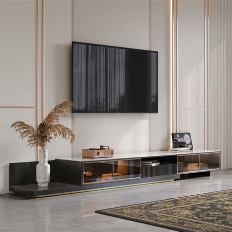 1102 Black Modern Extendable Tv Stand Glass Door Media Console With