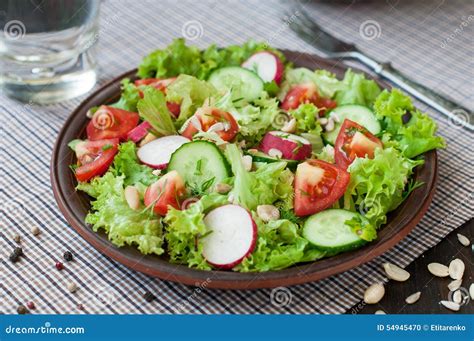 Tomato And Cucumber Salad With Lettuce Leafes Stock Photo Image Of