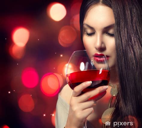 Poster Beauty Young Sexy Woman Drinking Red Wine Over Night Background
