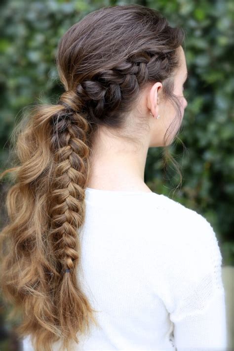 Flip your hair forward and then, starting from the back, braid your hair forward into one large braid until you reach the end. The Viking Braid Ponytail | Hairstyles for Sports - Cute Girls Hairstyles