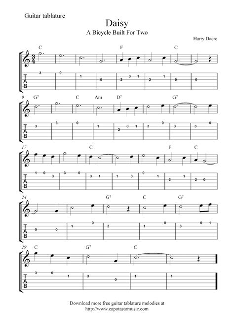 Welcome to my pages with guitar notes for beginners and advanced players. Free easy guitar tab sheet music, Daisy (A Bicycle Built For Two)