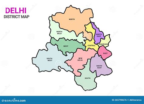 Outline Map Of Delhi India And His Colourful Districts Stock