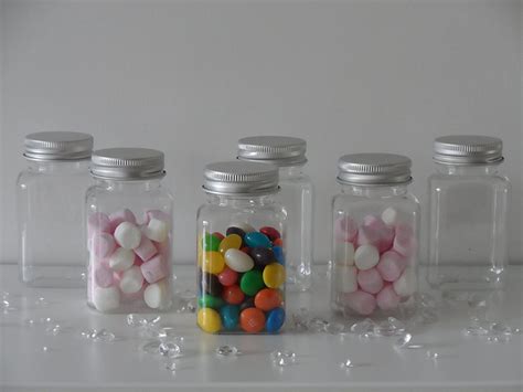 12 X Small Clear Plastic Jars Metal Lid Ideal For Party Sweets Wedding
