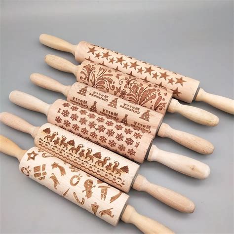 Wooden Embossed Rolling Pins Baking Cookies Noodle Biscuit Fondant Cake Dough Engraved Roller In
