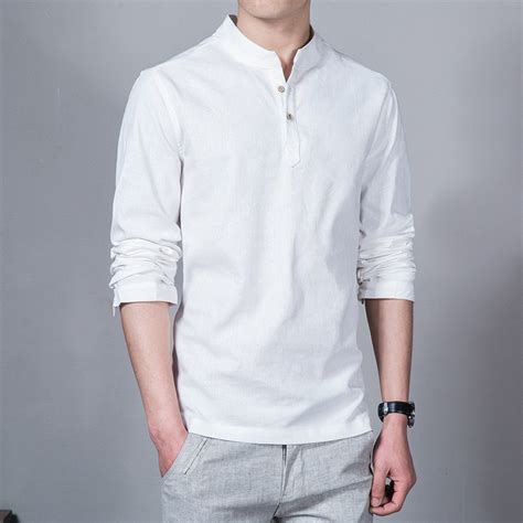 Wholesale Mens Linen T Shirt Long Sleeve Shirt Mandarin Collar Vintage