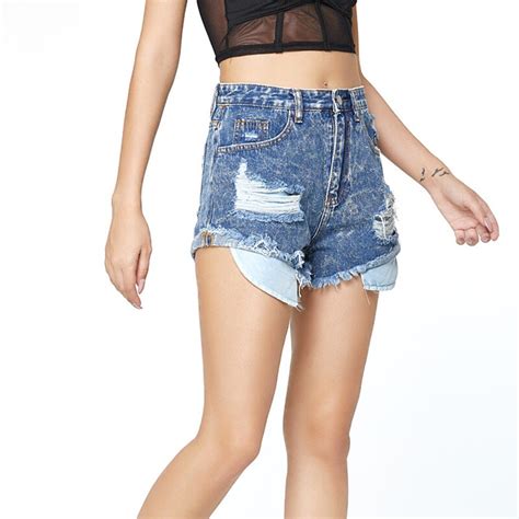 Women Ripped Denim Shorts Casual Jeans With Broken Holes Blue Solid