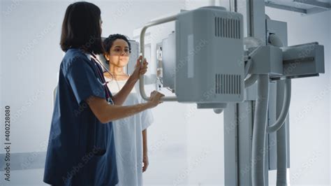 Hospital Radiology Room Beautiful Latin Woman Standing While Female