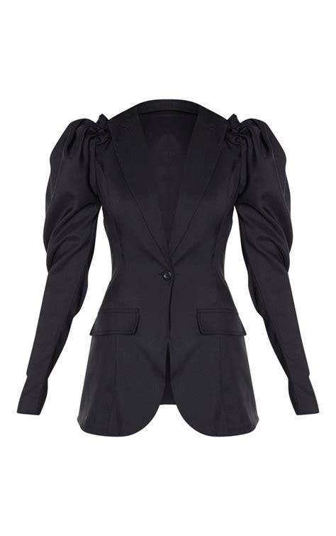 Black Woven Puff Sleeve Fitted Blazer Prettylittlething Usa