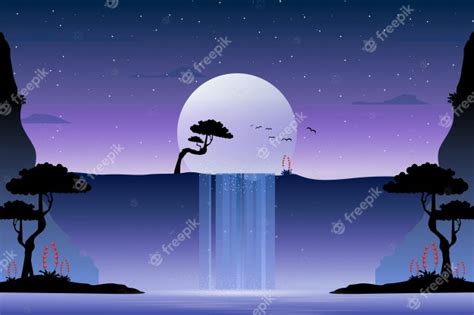 Premium Vector Waterfall Landscape And Starry Night Illustration