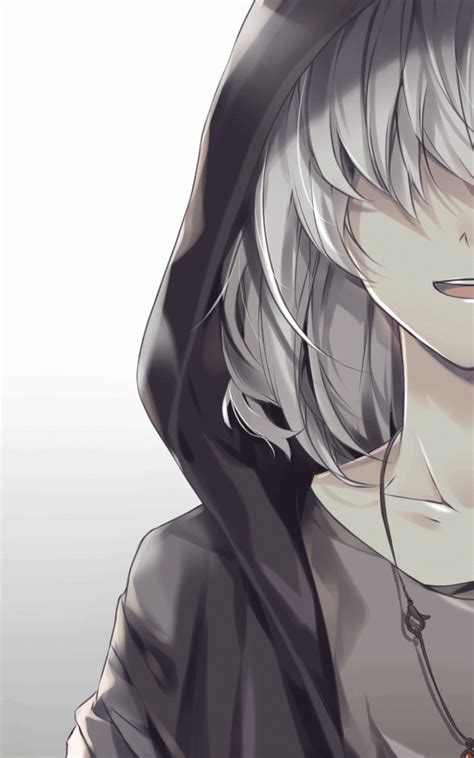 Download 1600x2560 Anime Boy White Hair Hoodie Smiling