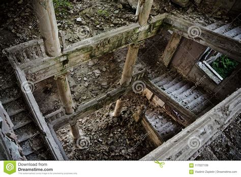 Ruined Staircase With Columns At Abandoned Mansion Abkhazia Georgia