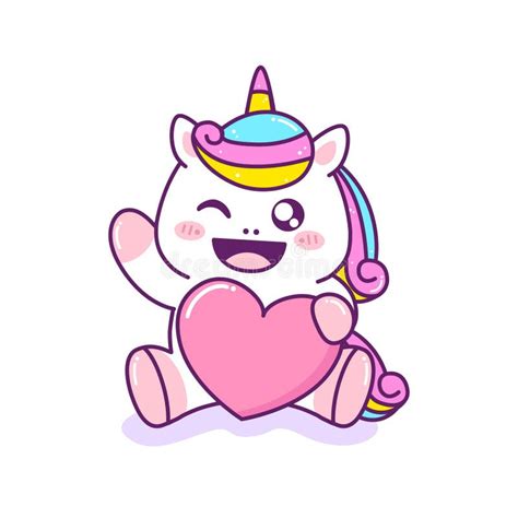 Cute Little Unicorn Waving And Hug A Heart Stock Vector Illustration