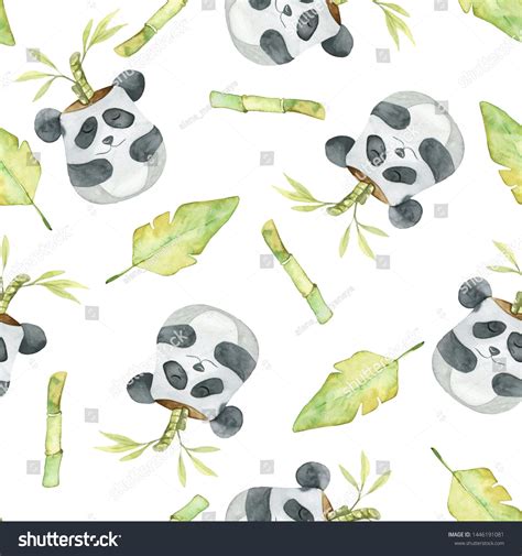 Cute Seamless Pattern Pandas Leaves Bamboo Stock Illustration