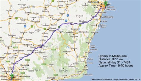 Melbourne To Sydney Road Map By Most Direct Route Total Kilometres
