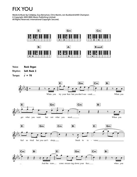 Fix You Sheet Music Coldplay Piano Chordslyrics