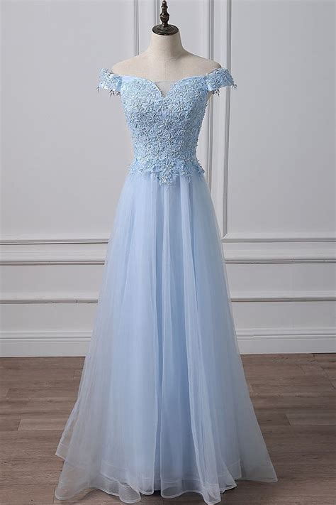 Elegant Off Shoulder Long Sky Blue Lace Prom Dress Off Shoulder Sky Blue Formal Dress Sky Blue