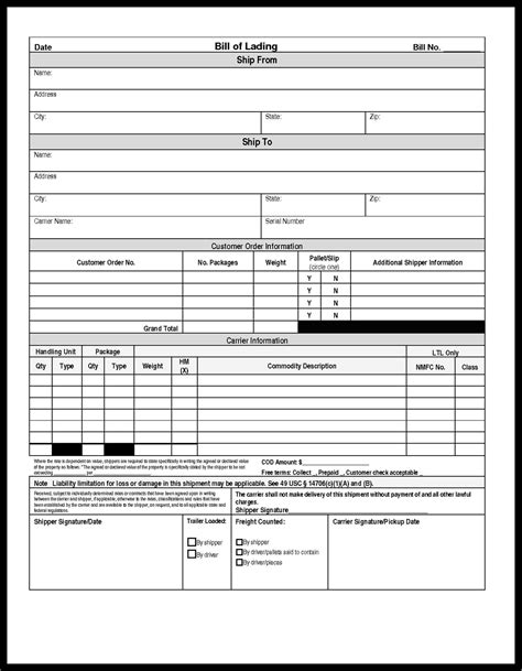 Bill Of Lading Printable
