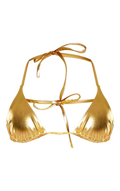 Gold Metallic Tie Front Bikini Top Swimwear Prettylittlething
