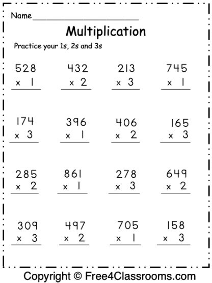 Free Multiplication Worksheet 1s 2s And 3s Free Worksheets