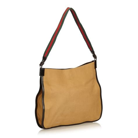 Gucci Vintage Web Canvas Shoulder Bag Brown Leather Handbag