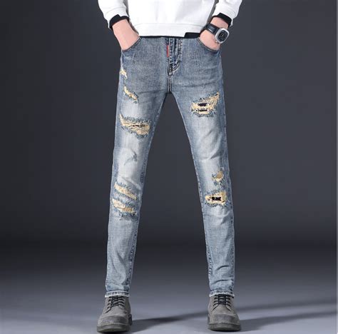 Mens Slim Fit Light Blue Distressed Ripped Jeans Rippedjeans