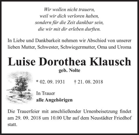Traueranzeigen Von Luise Dorothea Klausch Geb Nolte Abschied