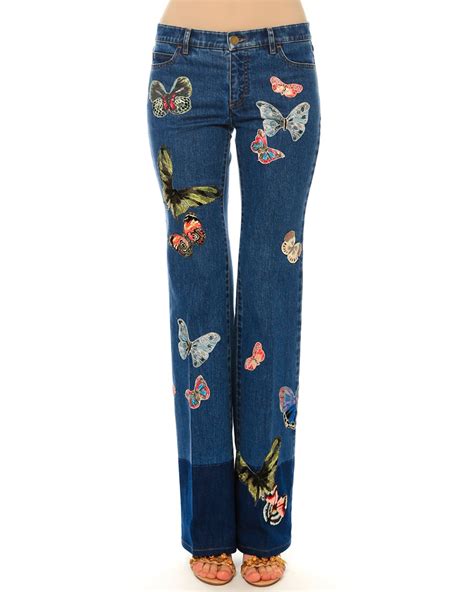 Valentino Mid Rise Butterfly Embroidered Jeans In Blue Lyst