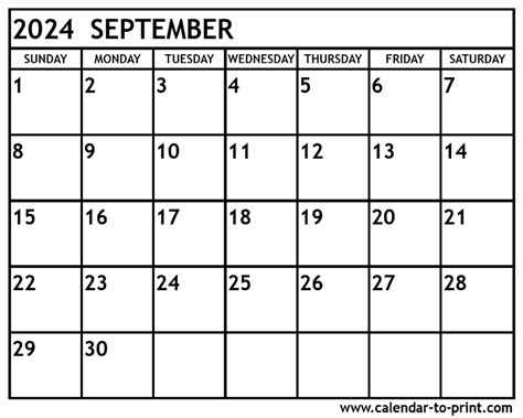 2024 Monthly September Calendar September 2024 Calendar