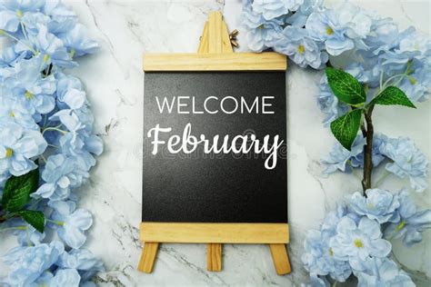 Welcome February Text On Wooden Blackboard And Flower Decoration On