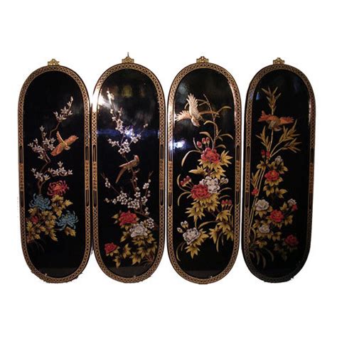 Outdoor wall art can be anything, from a painting to a vertical garden and a lot of other things. Chinese Wall Plaques in Floral black lacquer, set of four - Oriental Furnishings: Furniture & Decor