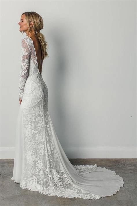Sheath A Line Long Sleeves Ivory Rustic Lace Backless Scoop Neck Beach Wedding Dresses Wk726 In