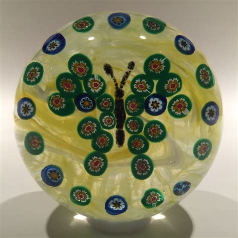 Rare Vintage Gentile Art Glass Paperweight Millefiori Green Butterfly The Paperweight Collection