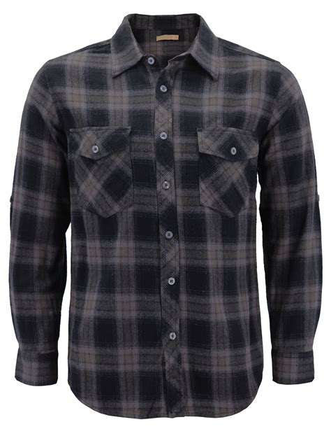 Mens Premium Cotton Button Up Long Sleeve Plaid Comfortable Flannel Shirt Grey Black L