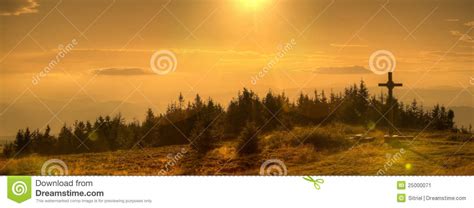 Beautiful Mountain Sunset Panorama With Cross Stock Image Image Of