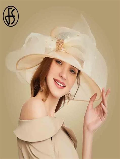 Fs Beige White Organza Wide Brim Sun Hats For Women Summer Church Hats