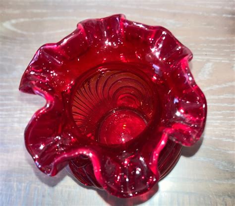 Vintage Fenton Ruby Red Ruffled Vase Signed Fenton Red Bow Etsy