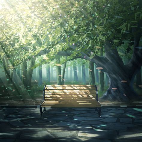 safebooru bench commentary request dappled sunlight day forest grass highres leaf light