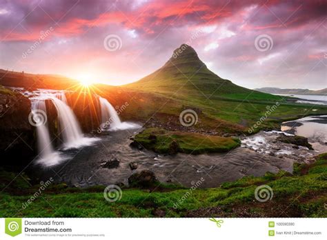 Colorful Sunrise On Kirkjufellsfoss Waterfall Stock Photo