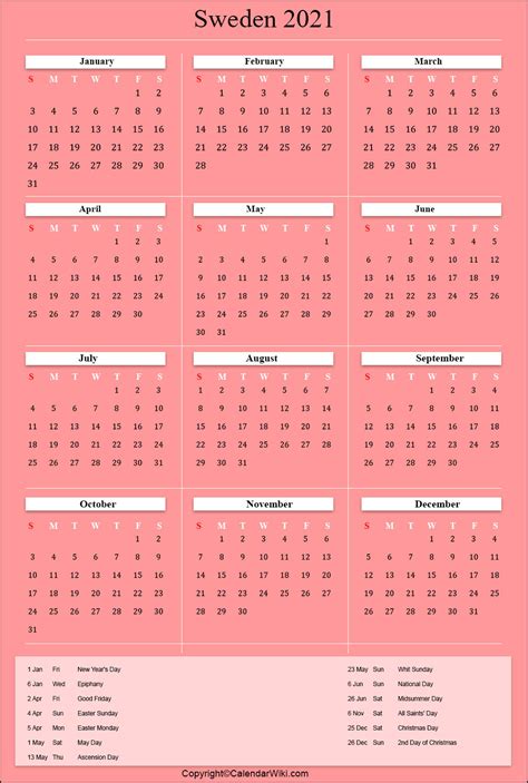 Printable Sweden Calendar 2021 With Holidays Public Holidays