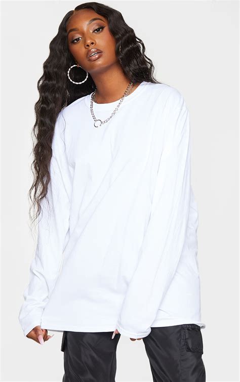White La Oversized Long Sleeve T Shirt Tops Prettylittlething Ca