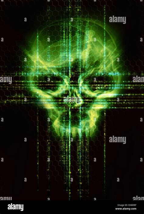 Digital Background With Green Skull Hacker Attack Concept Stock Photo