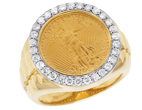 Mens 24k Yellow Gold Genuine Diamond 110 Oz Lady Liberty Coin Ring 3