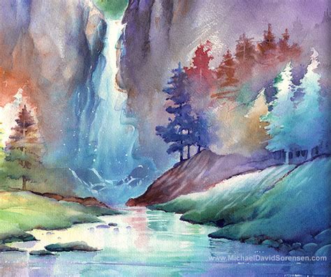 Waterfall Watercolor Landscape Painting by MichaelDavidSorensen | Watercolor landscape paintings ...