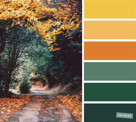 Color Palette Swatches Of Autumn Green Yellow Orange Purple Leaves On