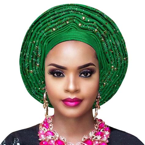 African Aso Oke Headtie Gele Nigerian Auto Gele Headtie Women Head Wrap Lady Turban For Wedding