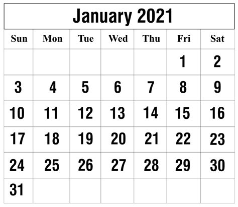 Vertical Printable January 2021 Calendar Calendar Template 2022