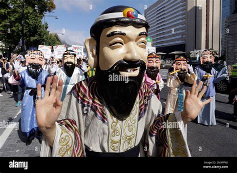 South Koreans Wearing Masks Of Dangun The Legendary Founder Of