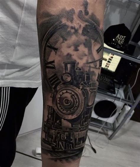 Black and grey steam train tattoo on full back. Gorgeous black ink old steamy train with clock tattoo on ...