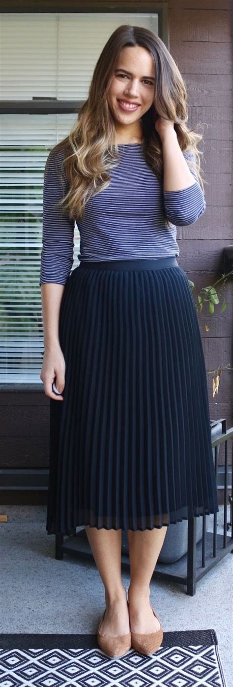 Jules In Flats A Black Midi Skirt With Pleated Stripes And A Striped T